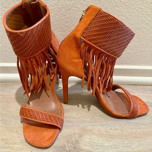 Orange Fringe Heels with Woven Texture